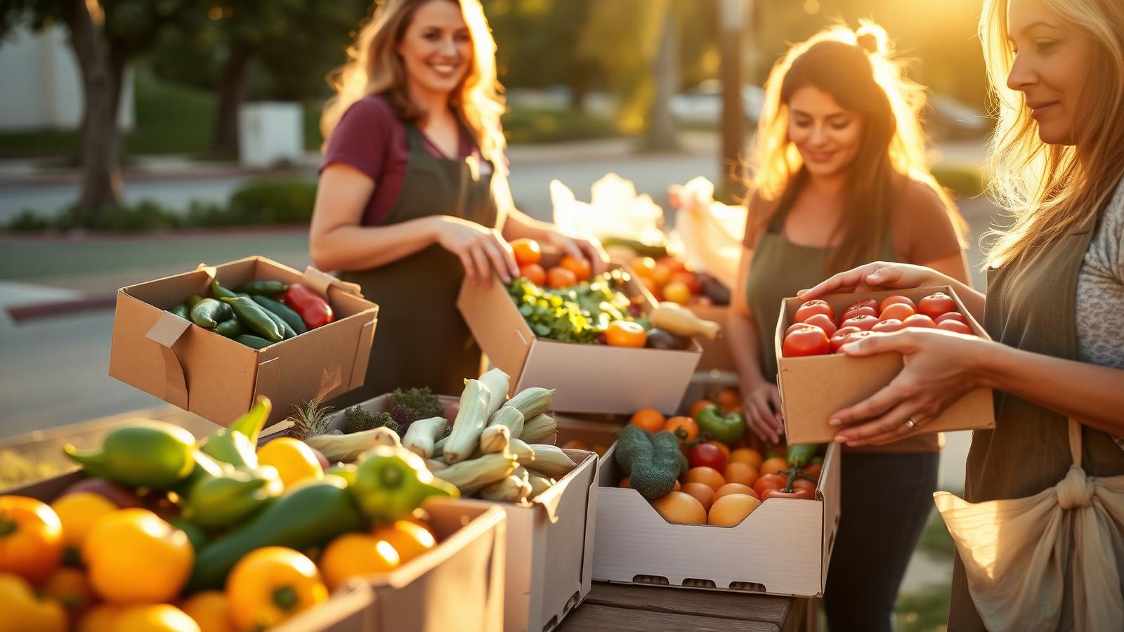 Volunteers with boxes of fresh produce in warm morning light
