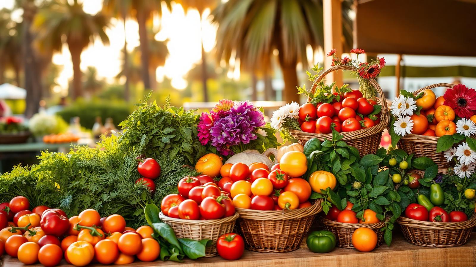 A sunlit SoCal farmers market of colorful produce